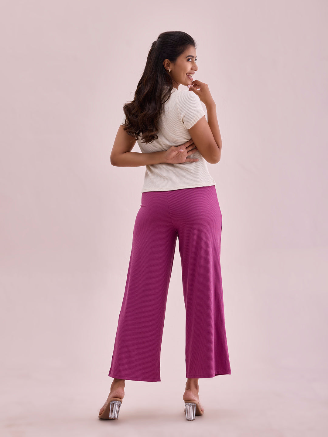 Women Solid Dark Pink Mid Rise Ribbed Palazzos