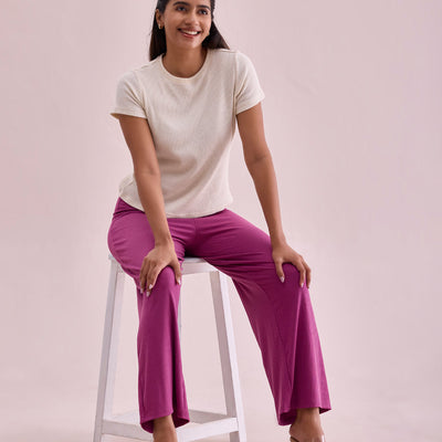 Women Solid Dark Pink Mid Rise Ribbed Palazzos