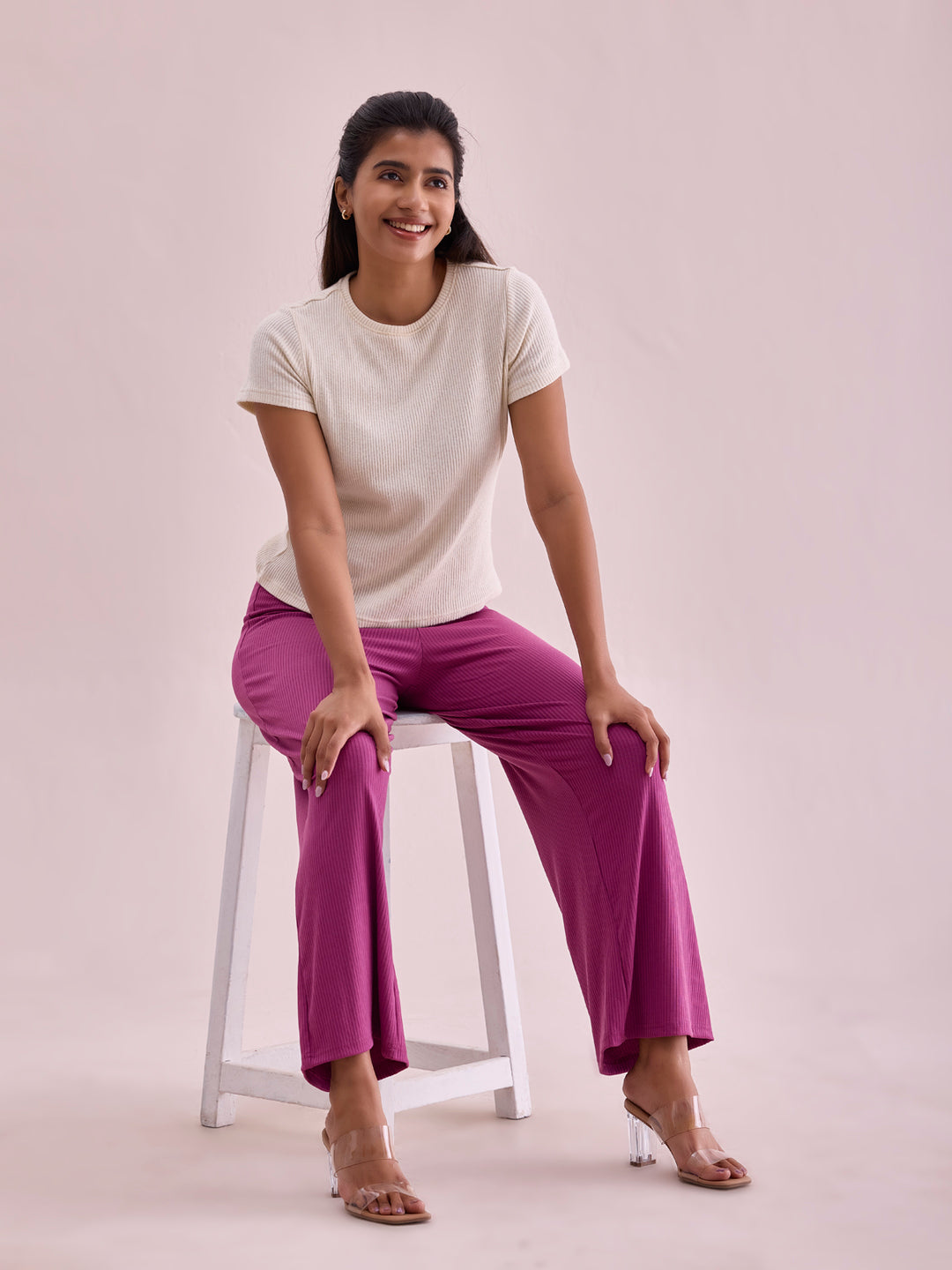 Women Solid Dark Pink Mid Rise Ribbed Palazzos