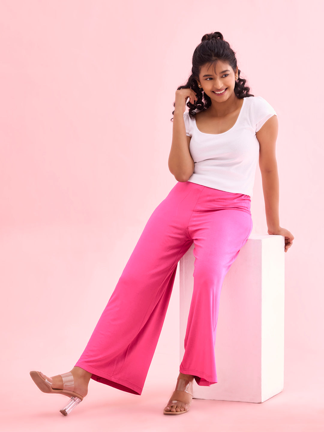 Women Solid Dark Rose Viscose Mid Rise Knit Palazzos