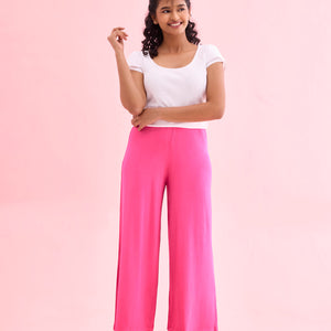 Women Solid Dark Rose Viscose Mid Rise Knit Palazzos