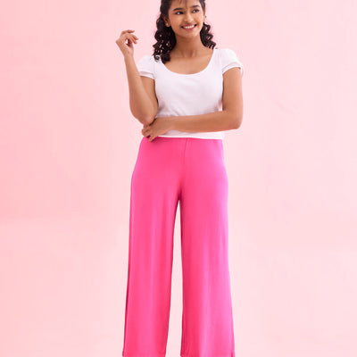 Women Solid Dark Rose Viscose Mid Rise Knit Palazzos