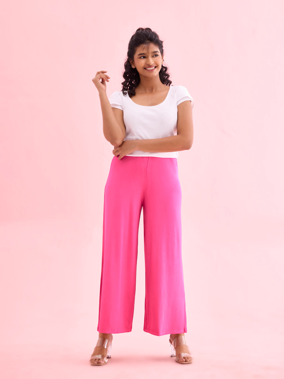 Women Solid Dark Rose Viscose Mid Rise Knit Palazzos