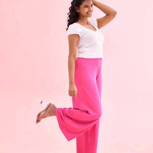 Women Solid Dark Rose Viscose Mid Rise Knit Palazzos
