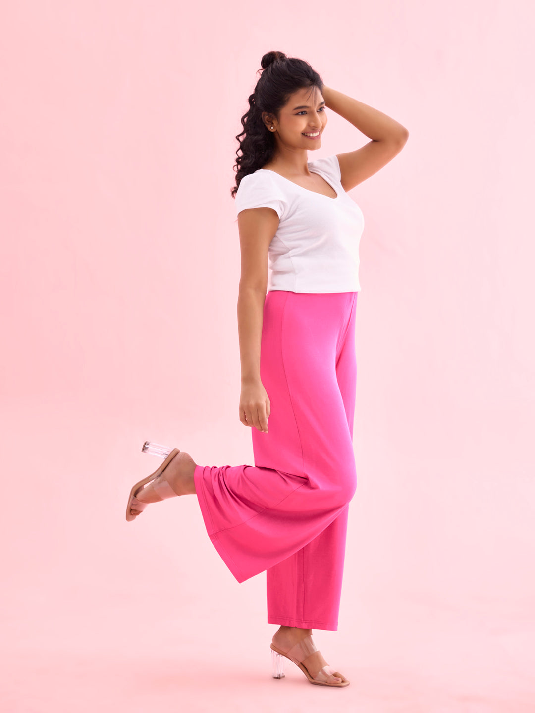 Women Solid Dark Rose Viscose Mid Rise Knit Palazzos
