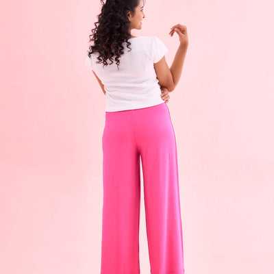 Women Solid Dark Rose Viscose Mid Rise Knit Palazzos