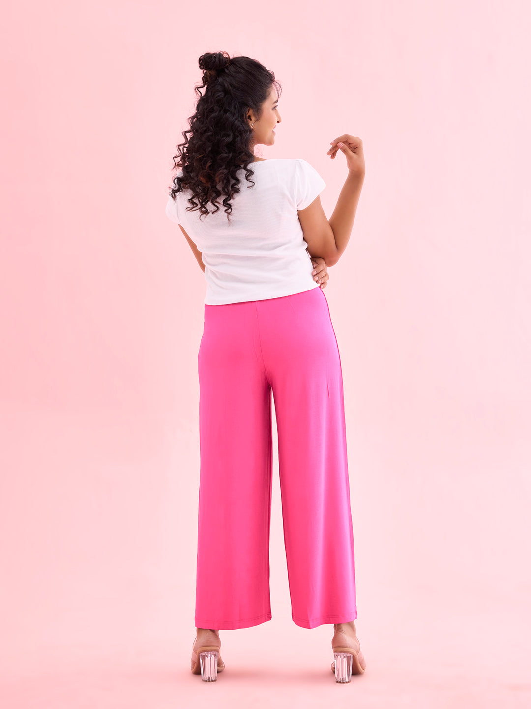 Women Solid Dark Rose Viscose Mid Rise Knit Palazzos