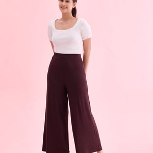 Women Solid Dark Wine Viscose Mid Rise Knit Palazzos