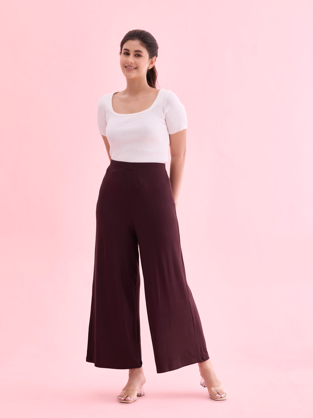 Women Solid Dark Wine Viscose Mid Rise Knit Palazzos