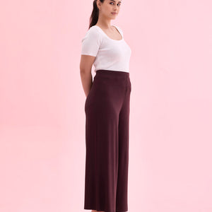 Women Solid Dark Wine Viscose Mid Rise Knit Palazzos