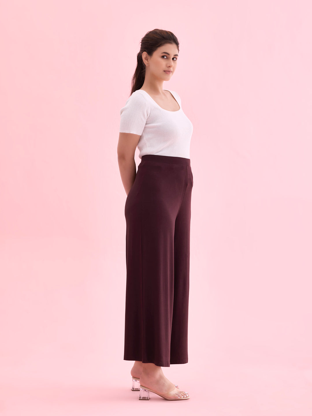 Women Solid Dark Wine Viscose Mid Rise Knit Palazzos