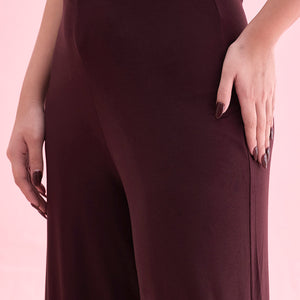 Women Solid Dark Wine Viscose Mid Rise Knit Palazzos