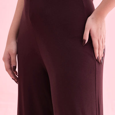 Women Solid Dark Wine Viscose Mid Rise Knit Palazzos