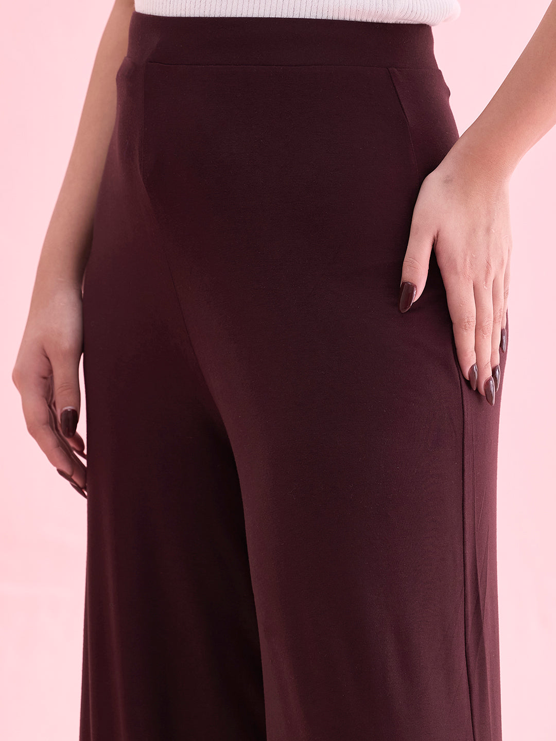 Women Solid Dark Wine Viscose Mid Rise Knit Palazzos