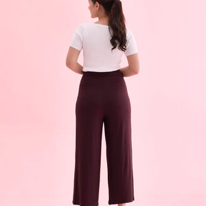 Women Solid Dark Wine Viscose Mid Rise Knit Palazzos