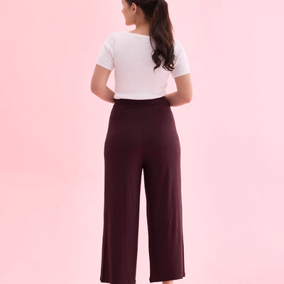 Women Solid Dark Wine Viscose Mid Rise Knit Palazzos