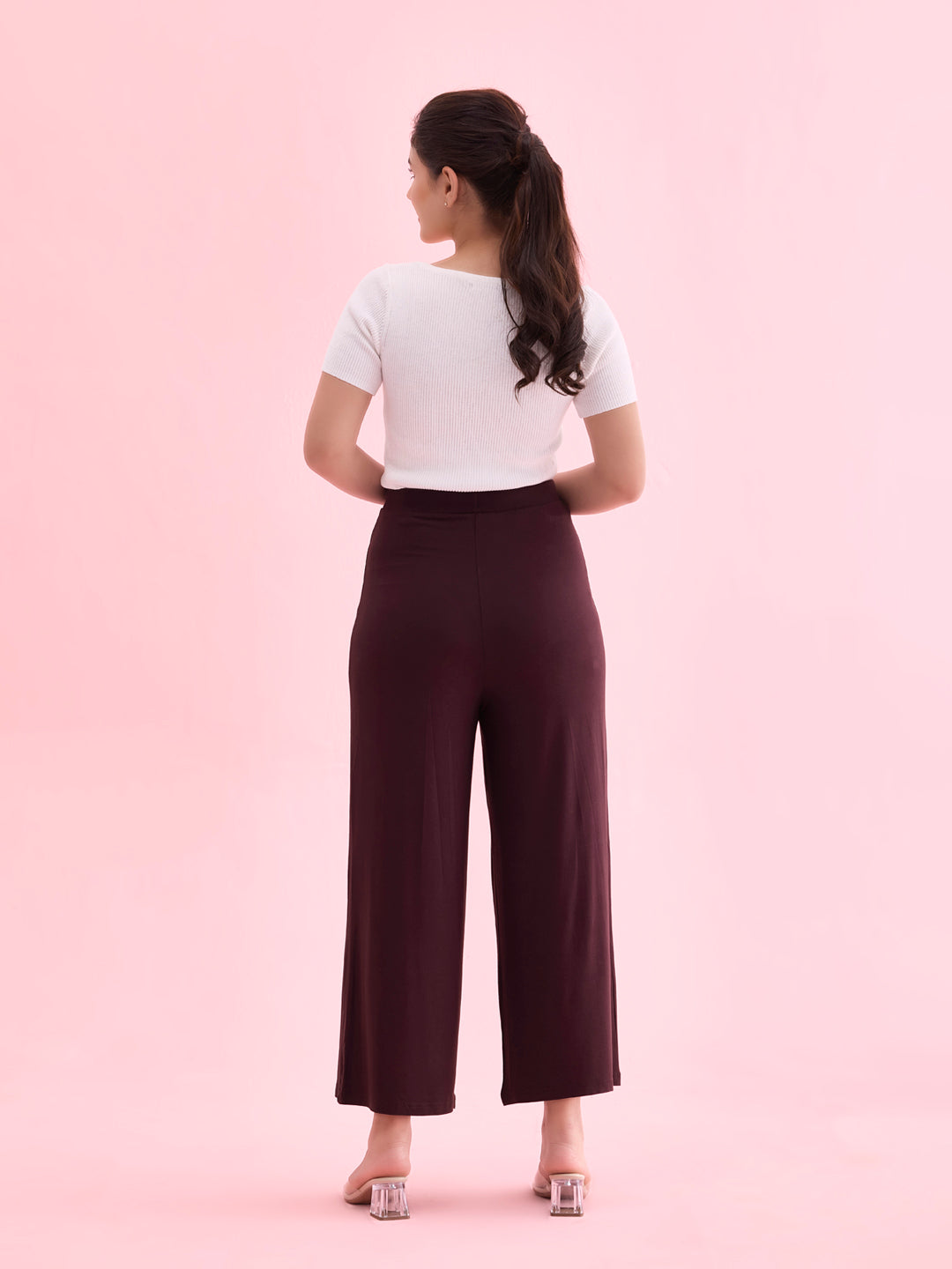 Women Solid Dark Wine Viscose Mid Rise Knit Palazzos