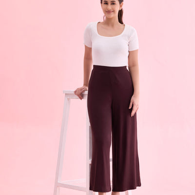 Women Solid Dark Wine Viscose Mid Rise Knit Palazzos