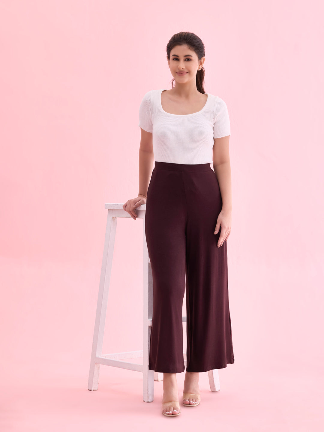 Women Solid Dark Wine Viscose Mid Rise Knit Palazzos