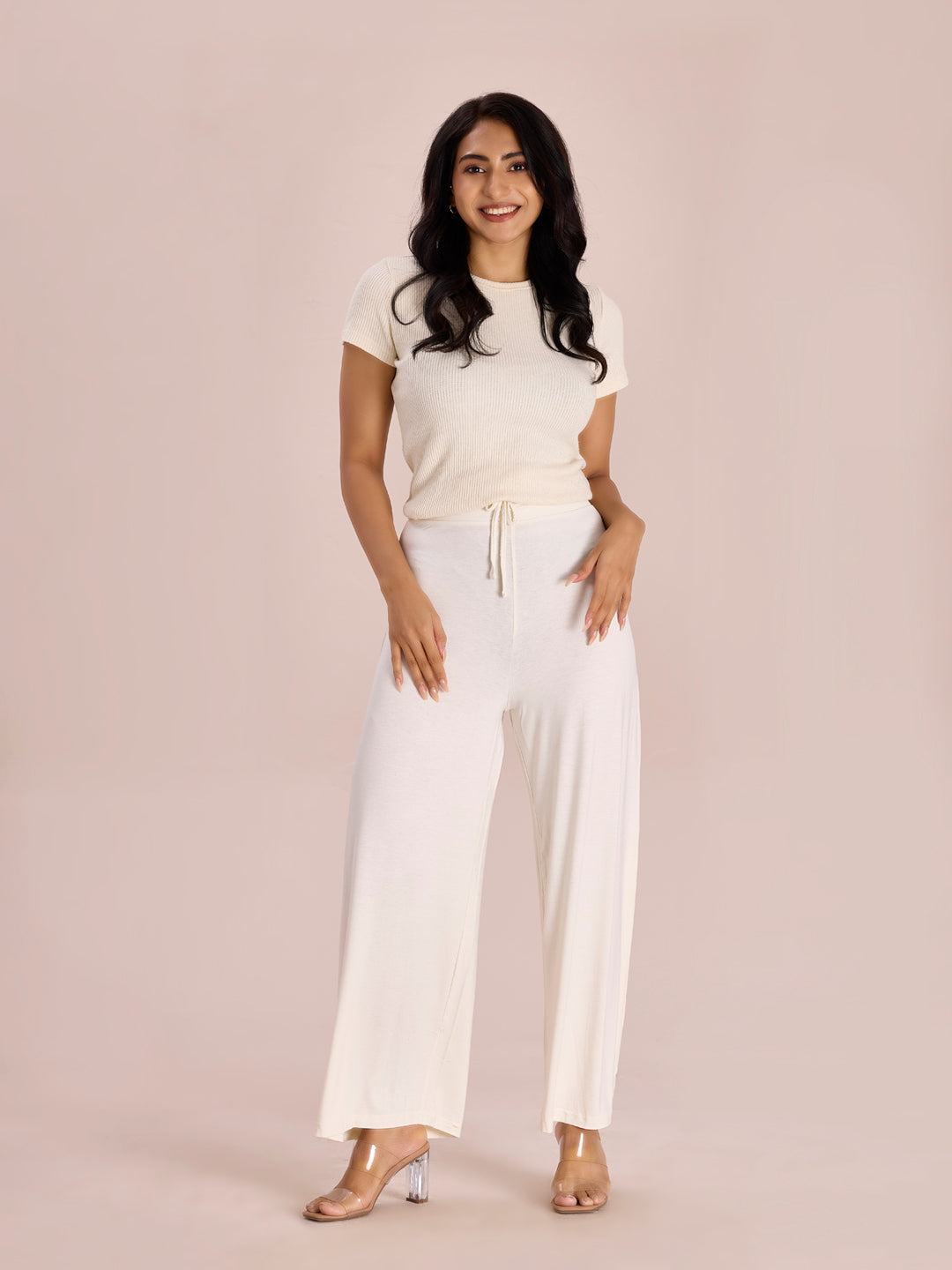 Women Solid Ecru Viscose Mid Rise Knit Palazzos