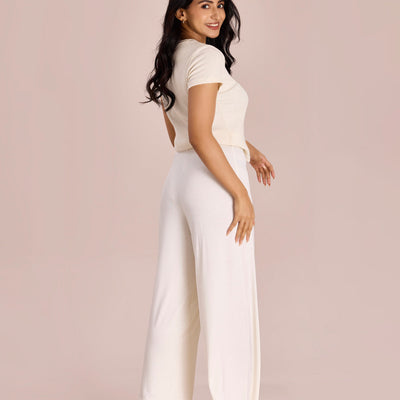 Women Solid Ecru Viscose Mid Rise Knit Palazzos