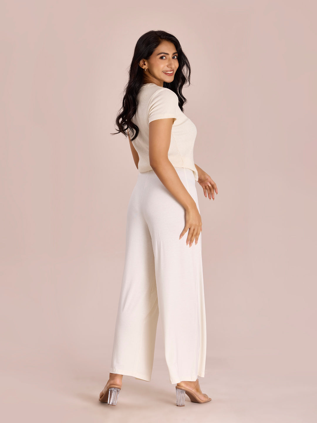 Women Solid Ecru Viscose Mid Rise Knit Palazzos