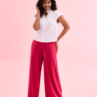 Women Solid Fuchsia Knit Viscose Mid Rise Palazzos