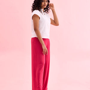 Women Solid Fuchsia Knit Viscose Mid Rise Palazzos