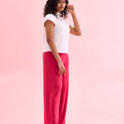 Women Solid Fuchsia Knit Viscose Mid Rise Palazzos