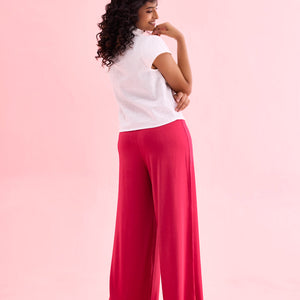 Women Solid Fuchsia Knit Viscose Mid Rise Palazzos