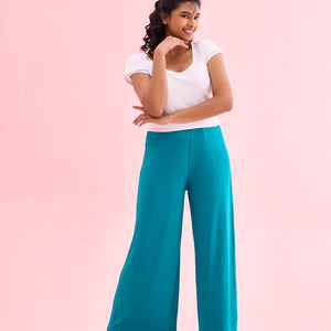 Women Solid Jade Green Viscose Mid Rise Knit Palazzos
