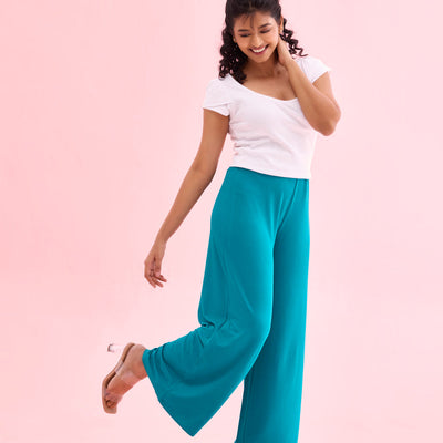 Women Solid Jade Green Viscose Mid Rise Knit Palazzos