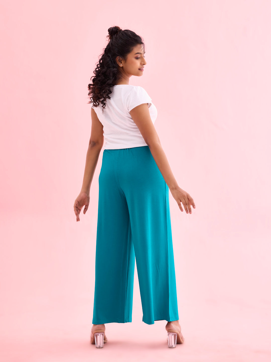 Women Solid Jade Green Viscose Mid Rise Knit Palazzos