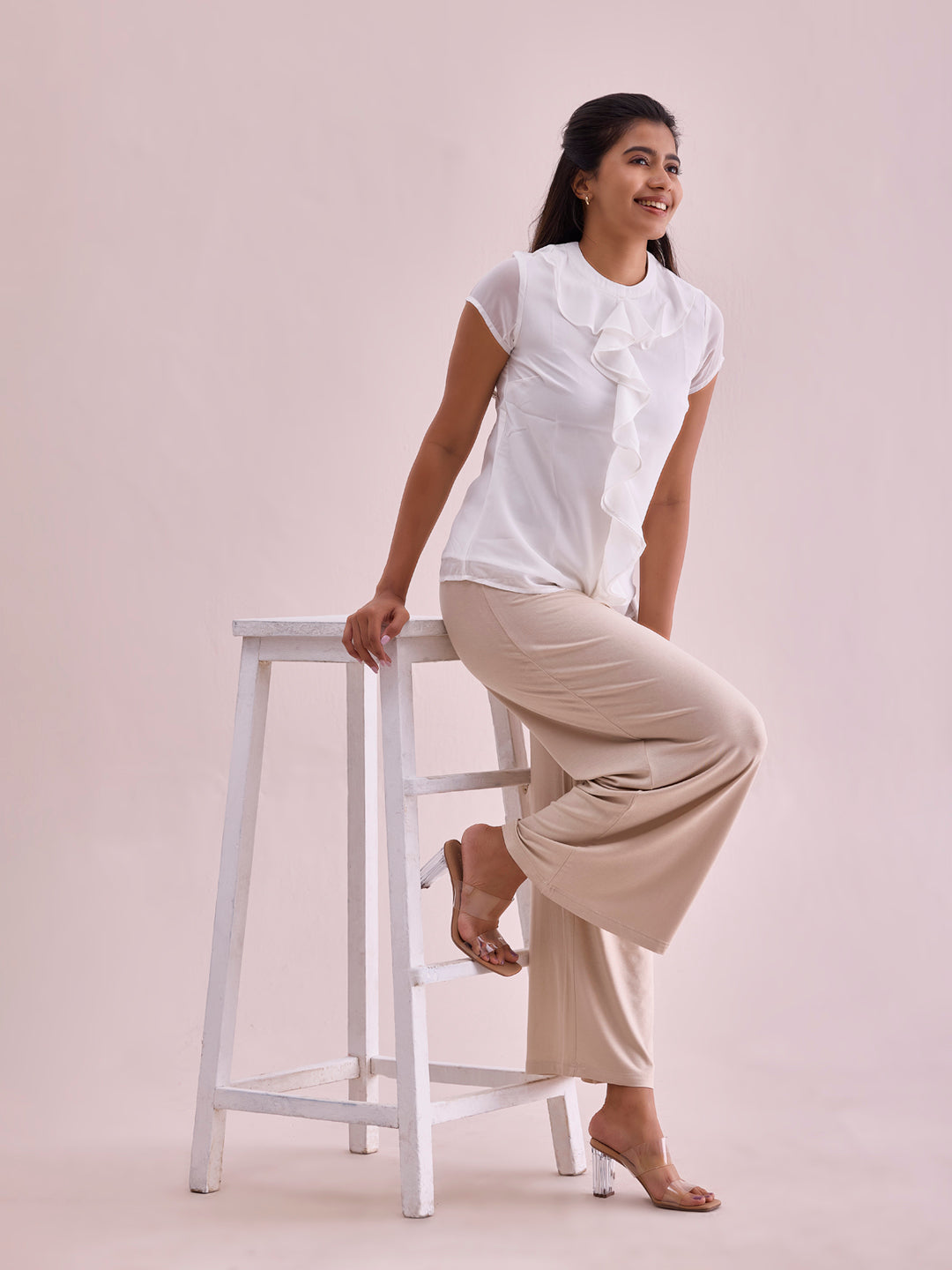 Women Solid Light Beige Viscose Mid Rise Knit Palazzos
