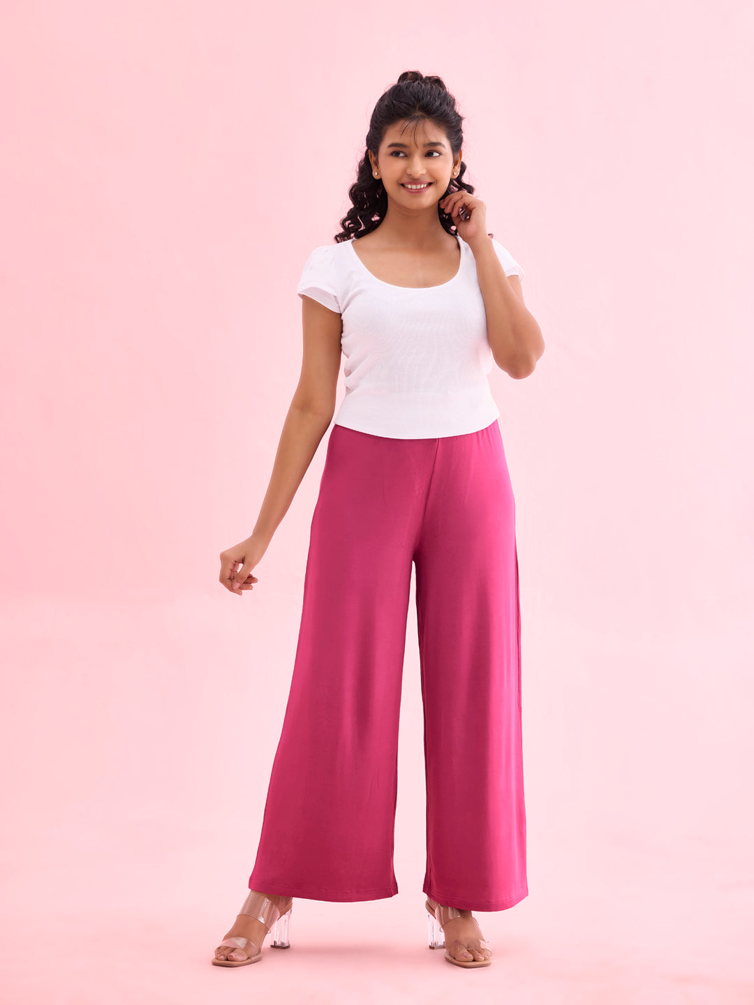 Women Solid Medium Voilet Knit Viscose Mid Rise Palazzos