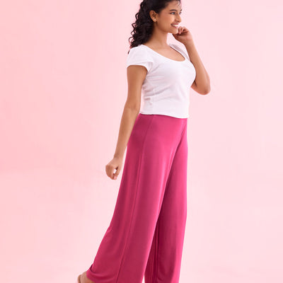 Women Solid Medium Voilet Knit Viscose Mid Rise Palazzos