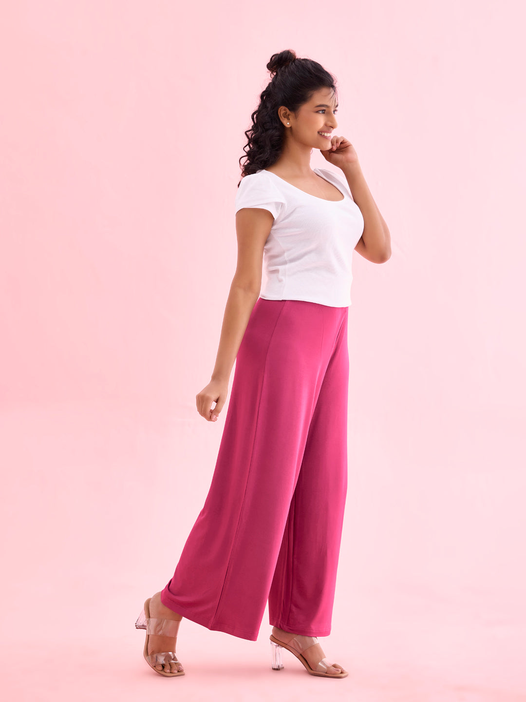 Women Solid Medium Voilet Knit Viscose Mid Rise Palazzos