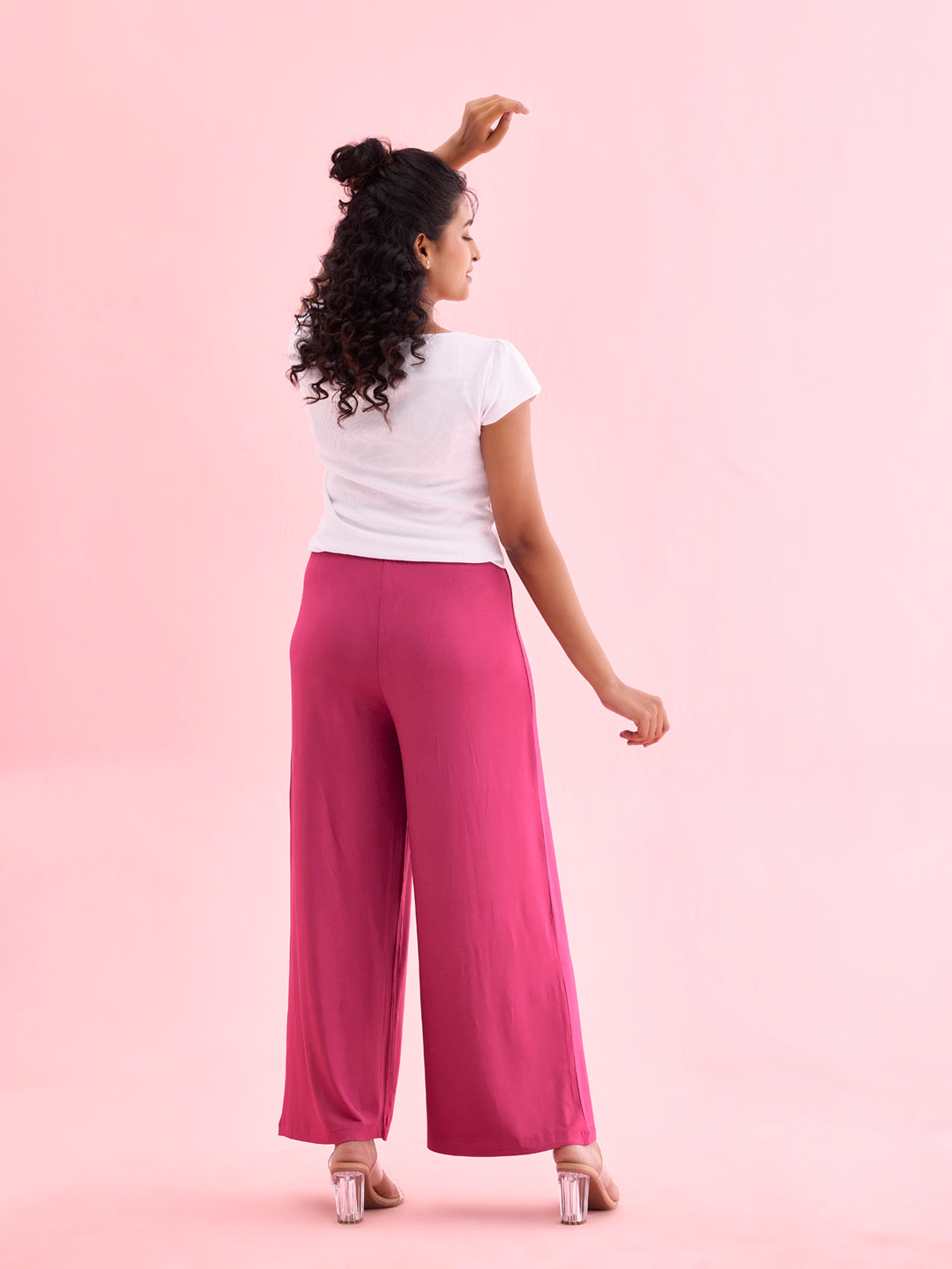 Women Solid Medium Voilet Knit Viscose Mid Rise Palazzos