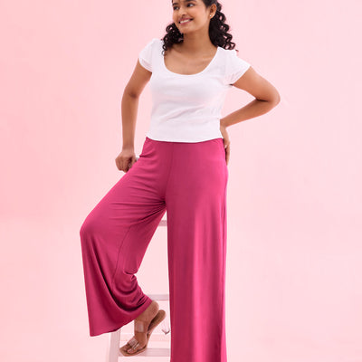 Women Solid Medium Voilet Knit Viscose Mid Rise Palazzos