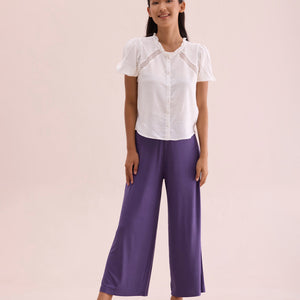 Women Solid Purple Viscose Mid Rise Knit Palazzos
