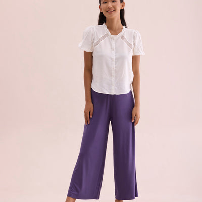 Women Solid Purple Viscose Mid Rise Knit Palazzos