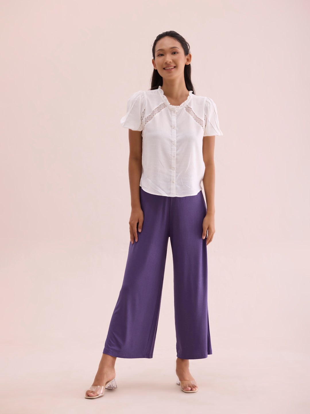 Women Solid Purple Viscose Mid Rise Knit Palazzos