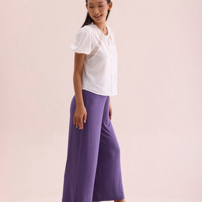 Women Solid Purple Viscose Mid Rise Knit Palazzos