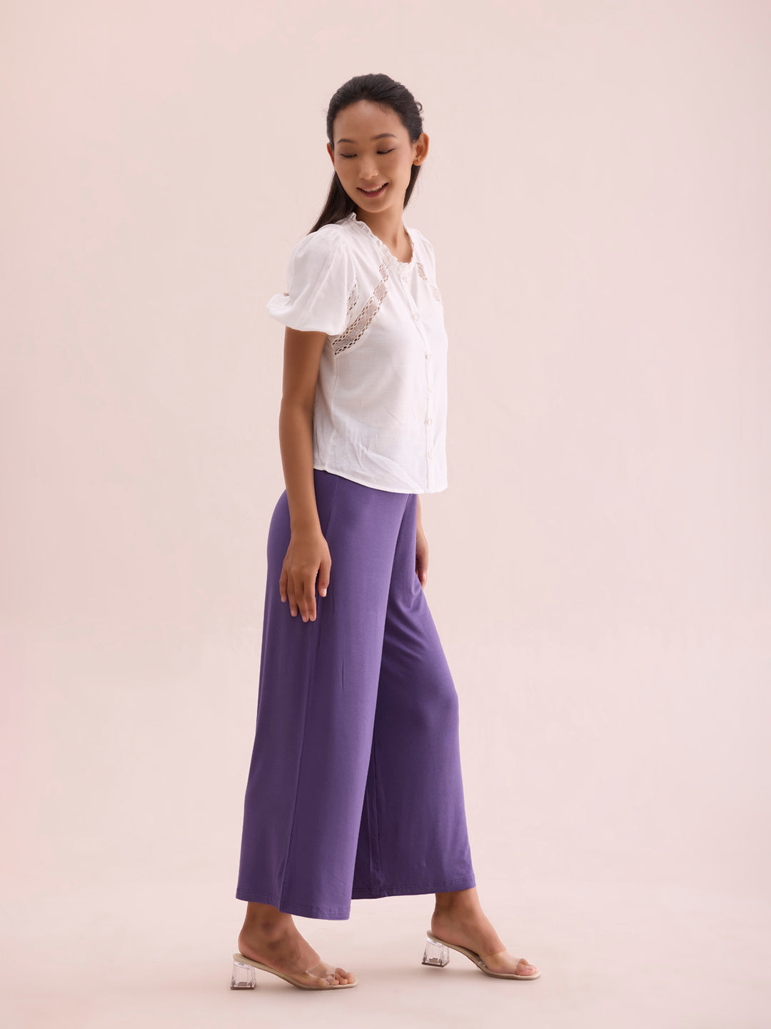 Women Solid Purple Viscose Mid Rise Knit Palazzos