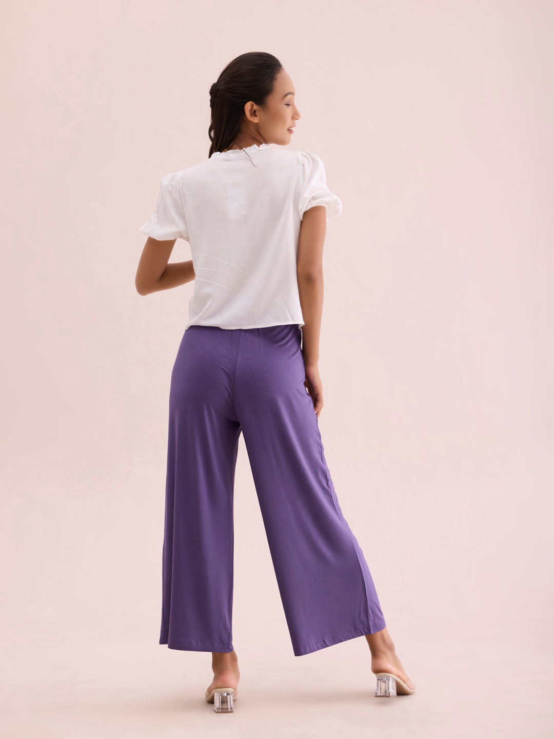 Women Solid Purple Viscose Mid Rise Knit Palazzos