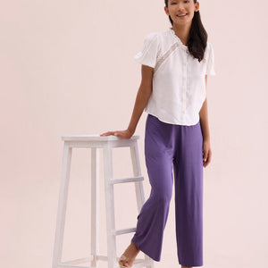 Women Solid Purple Viscose Mid Rise Knit Palazzos