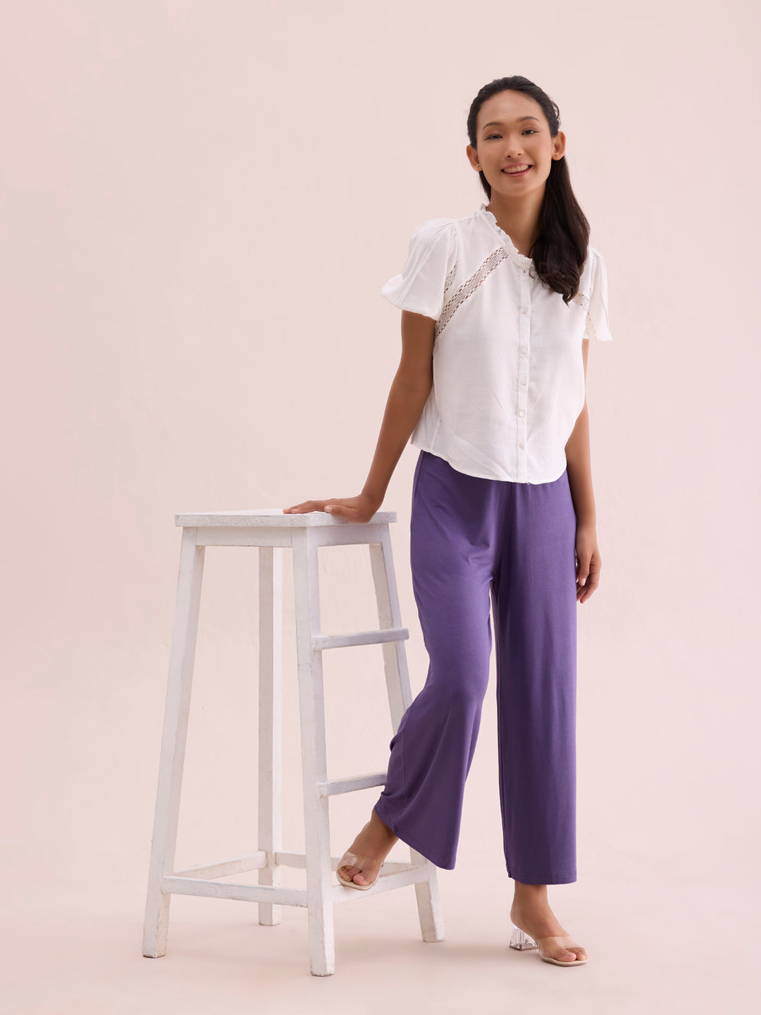 Women Solid Purple Viscose Mid Rise Knit Palazzos