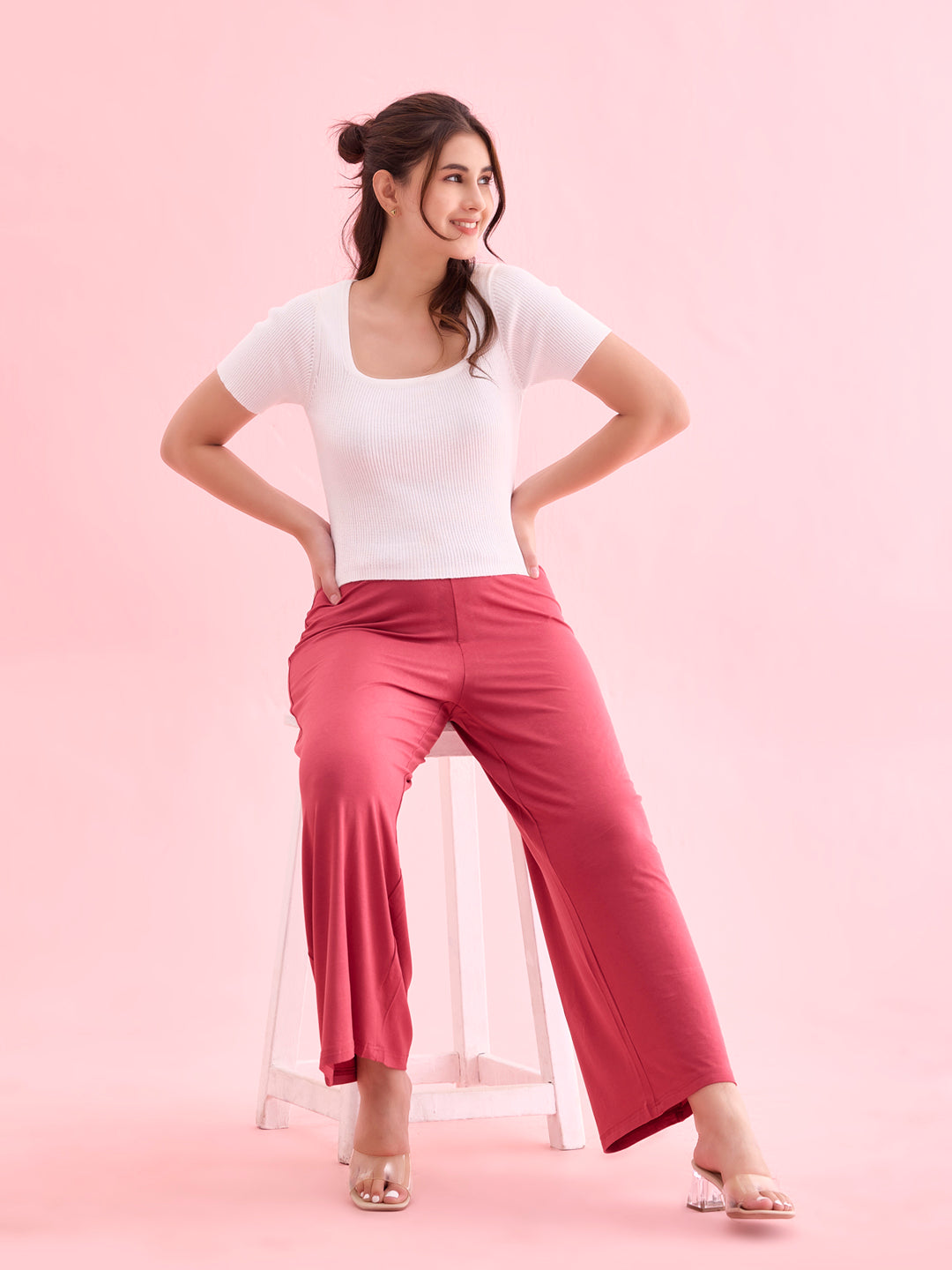 Women Solid Rusty Pink Viscose Mid Rise Knit Palazzos