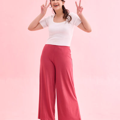 Women Solid Rusty Pink Viscose Mid Rise Knit Palazzos