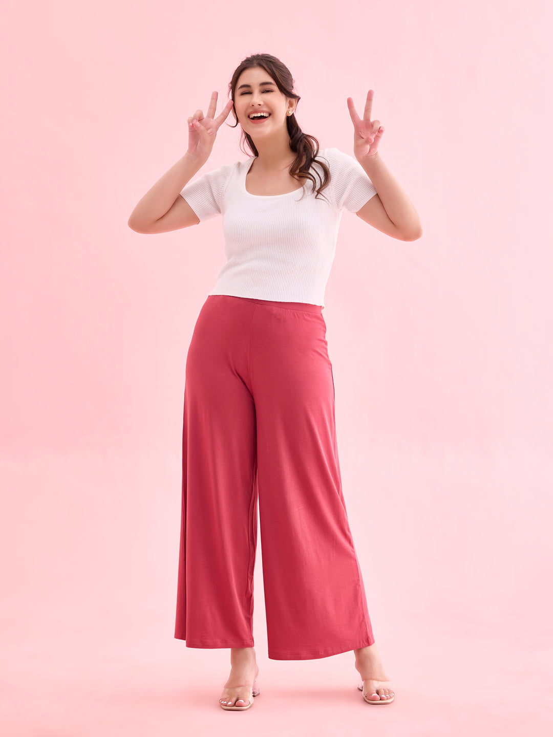 Women Solid Rusty Pink Viscose Mid Rise Knit Palazzos